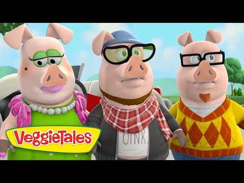 Three anthropomorphic pigs in colorful outfits pose together outdoors, VeggieTales logo at the bottom-left.