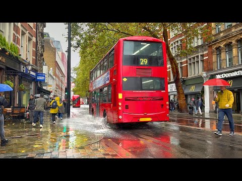 Rainy London Walk Tour 2025 ☔️ London Heavy Rain Showers in West End Streets | 4K HDR