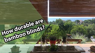 Oiled bamboo blinds for outdoor use. For indoor use, choose the bamboo blind without oiling. 6 types of blind material. Prefabricated and custom sizes available.