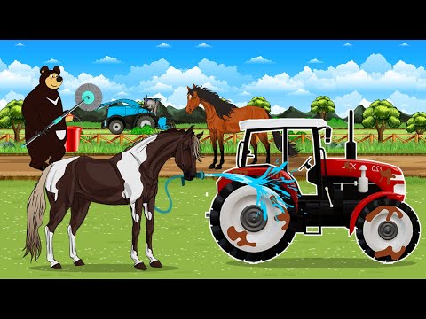 3 Horses 🐎 Join Forces to Help Farmer Bear Finish the Farm Work! Vehicles Farm Life