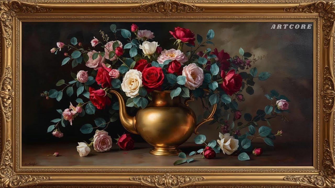 Valentines Day Roses in Golden Teapot | Romantic Floral TV Art Screensaver | Vintage Oil Painting