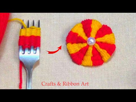 Amazing Woolen Flower Making Ideas with Fork - Hand Embroidery Easy Trick - Sewing Hack - No Crochet