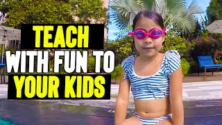 Swimming lesson for kids in super nice pool. How to teach with fun