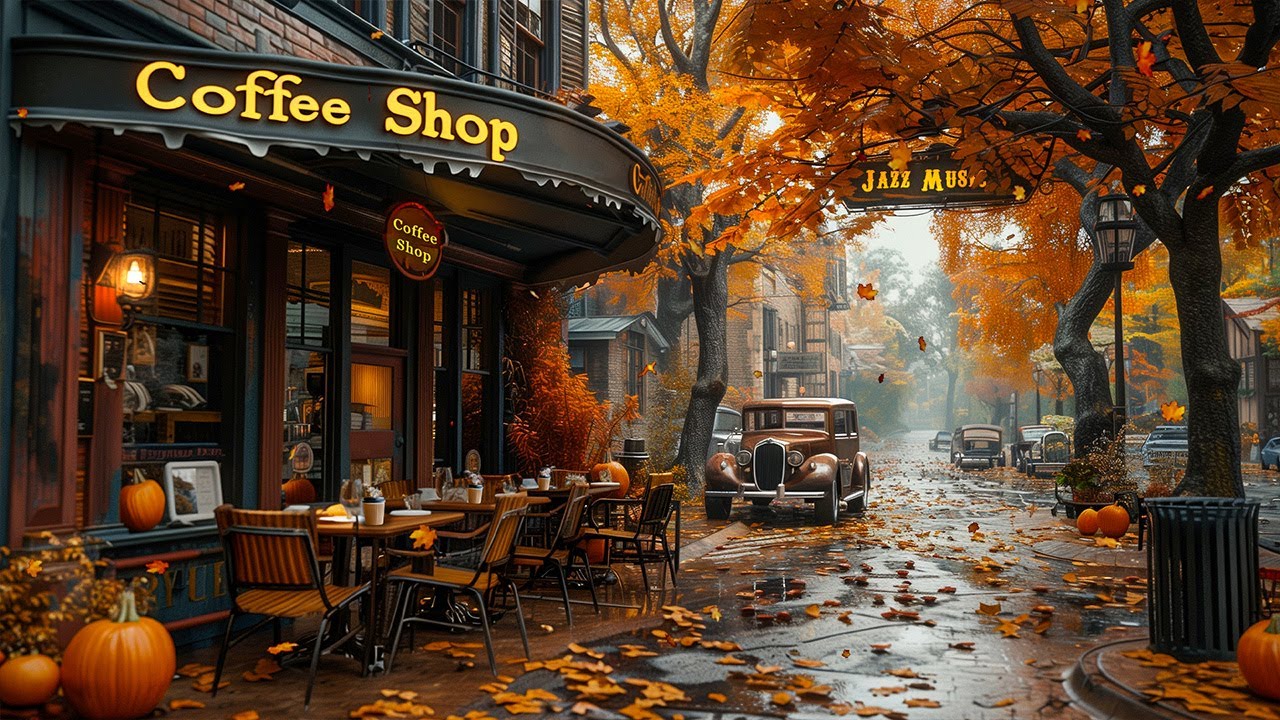 Relaxing Autumn Jazz Melodies 🍂 Outdoor Coffee Shop Ambience ~ Smooth Jazz Music for Work, Study