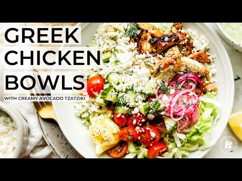 GREEK CHICKEN BOWLS WITH CREAMY AVOCADO TZATZIKI | fresh and feel-good weeknight dinner!
