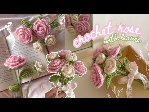 how to crochet a rose (2 sizes with leaves) | step-by-step tutorial