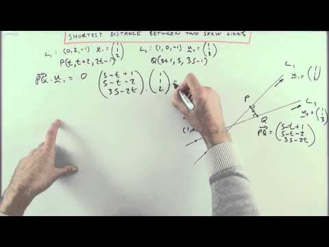 Shortest distance between two skew lines in 3D space.