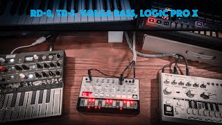 Dwless Jam - Behringer RD-8, TD-3, Volca Bass & Logic Pro X.  RD-8 live triggering synths in Logic
