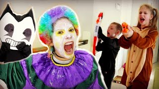 Crazy Clown Attack on Halloween! FREAKY MONSTERS SCARES BENDY SuperHeroKids Nerf Attack