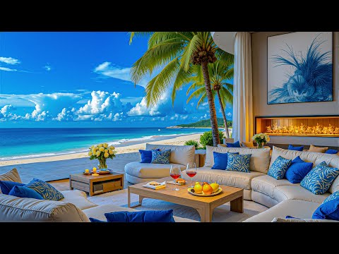 Positive Jazz In A Luxury Coastal Living Room - Soothing Jazz Music With Ocean Waves Sounds