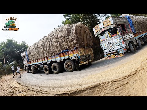 Heavy Loaded Trucks Turning Challenge: Truck Drivers Struggling at Hairpin Curve Ghat Road Video