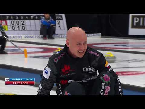 Kevin Koe goes for the ridiculously thin angle raise bump for 2 vs Brad Gushue (2019 Tour Challenge)