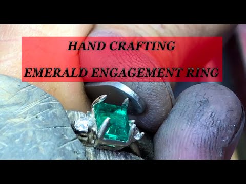 Hand crafting classic three stone emerald and diamond engagement ring 14K Gold