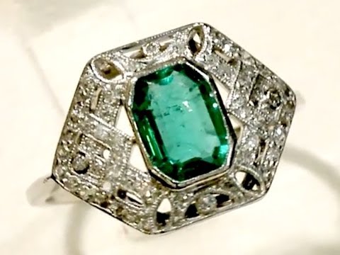 Emerald and Diamond Platinum Dress Ring - Art Deco - Antique Circa 1920 - AC Silver W8707