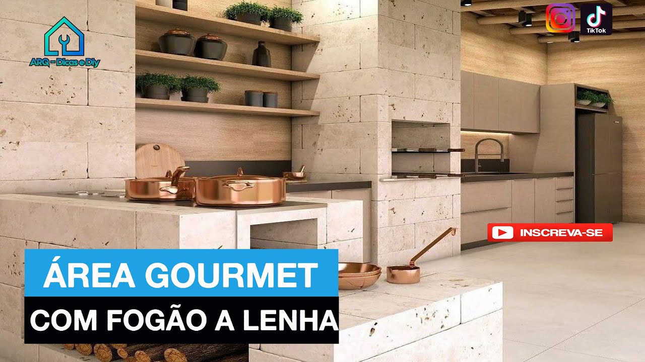 Área gourmet rústica com fogão a lenha