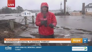STORM CENTER: Floodwaters crest banks at Winter Harbor before high tide hits