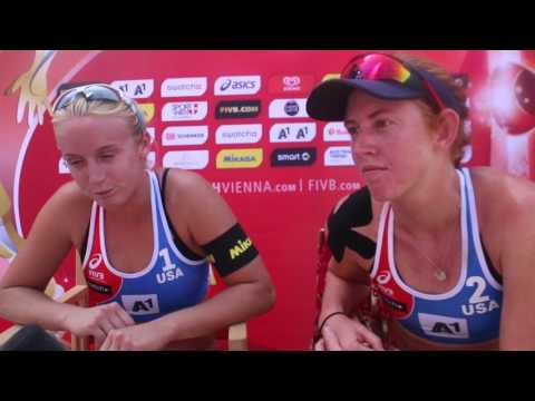 Sara Hughes and Kelly Claes talk about pool play match vs Brazil at 2017 World Champs