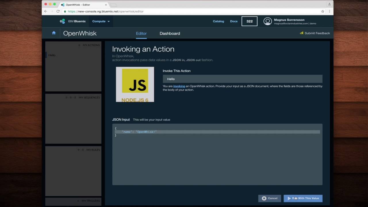 Creating and running OpenWhisk actions