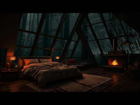 Heavy Rain Storm outside a Cozy Attic Bedroom w/ Burning Firewood🔥| Rain Sounds for Sleeping 💤