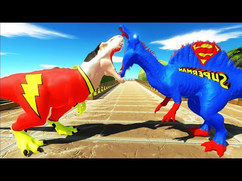 SHAZAM vs SUPERMAN vs BATMAN T-REX DEATH RUN - Animal Revolt Battle Simulator