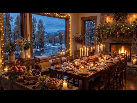 Cozy Thanksgiving Dinner Ambience 🦃🍁❄️ Warm Fireplace & Early Winter Cabin Atmosphere