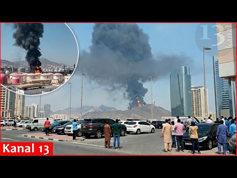 Visuals of Iranian strikes on major oil facility in Fujairah, UAE and port in Oman