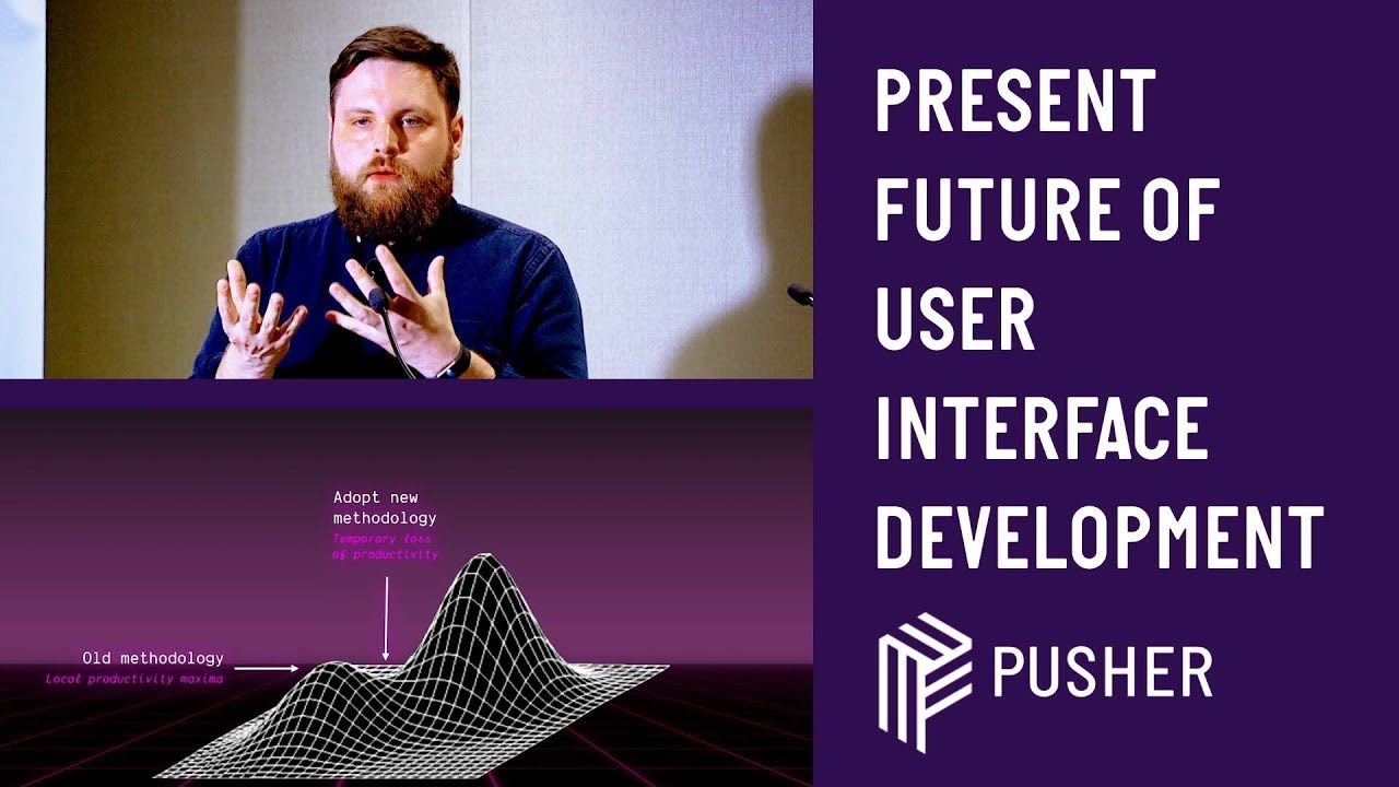 White bearded hipster guy giving a talk at a lectern. He is wearing a dark denim shirt buttoned up to the top geek chic style. The title is 'The Present Future Of User Interface Development'. A 3D graph looks like a mountain range but more curved like boobs. On boob is labelled 'Old methodology, local productivity maxima', the other bigger boob is labelled 'Adopt new methodology, temporary loss of productivity'