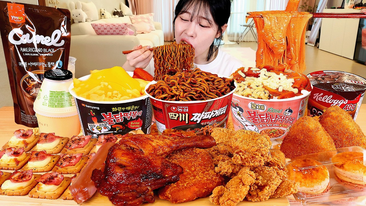 ASMR MUKBANG| 편의점 직접 만든 불닭 치즈 떡볶이 치킨 김밥 디저트 먹방 & 레시피 Convenience Store Food EATING