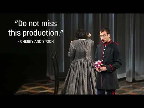 Trailer still for Sondheim’s Passion: lovers in shadow, 19th-century uniforms and candlelit rooms
