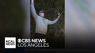 KCAL News anchor Gio Insignares celebrates the Eagles victory in Super Bowl LIX