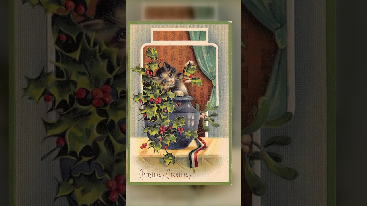 Printed in Germany, Embossed Christmas Postcard, Kitten with Holly, 1910 Video