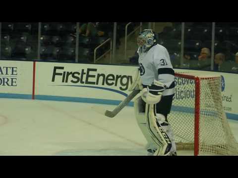 Penn State goalie Peyton Jones warming up prior to their game vs. St. Lawrence