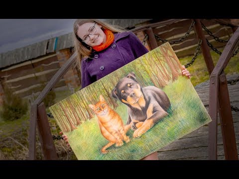 Portrait of cat and dog on the plywood with pastels