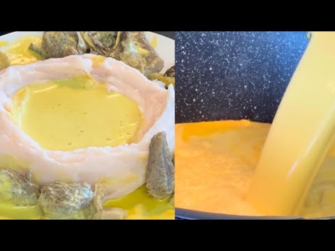 Traditional Achu soup without limestone with Achu fufu. Cameroon recipe