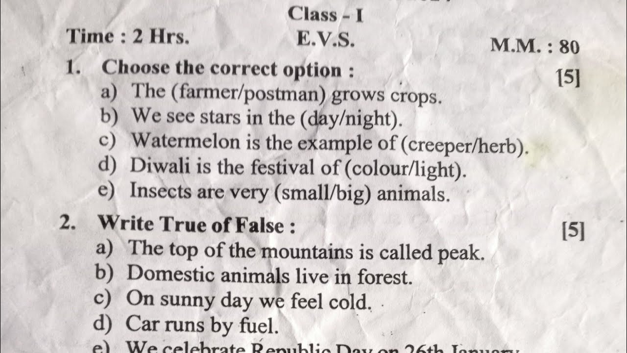 Class 1 EVs Annual Exam Question Paper / Class 1 EVS