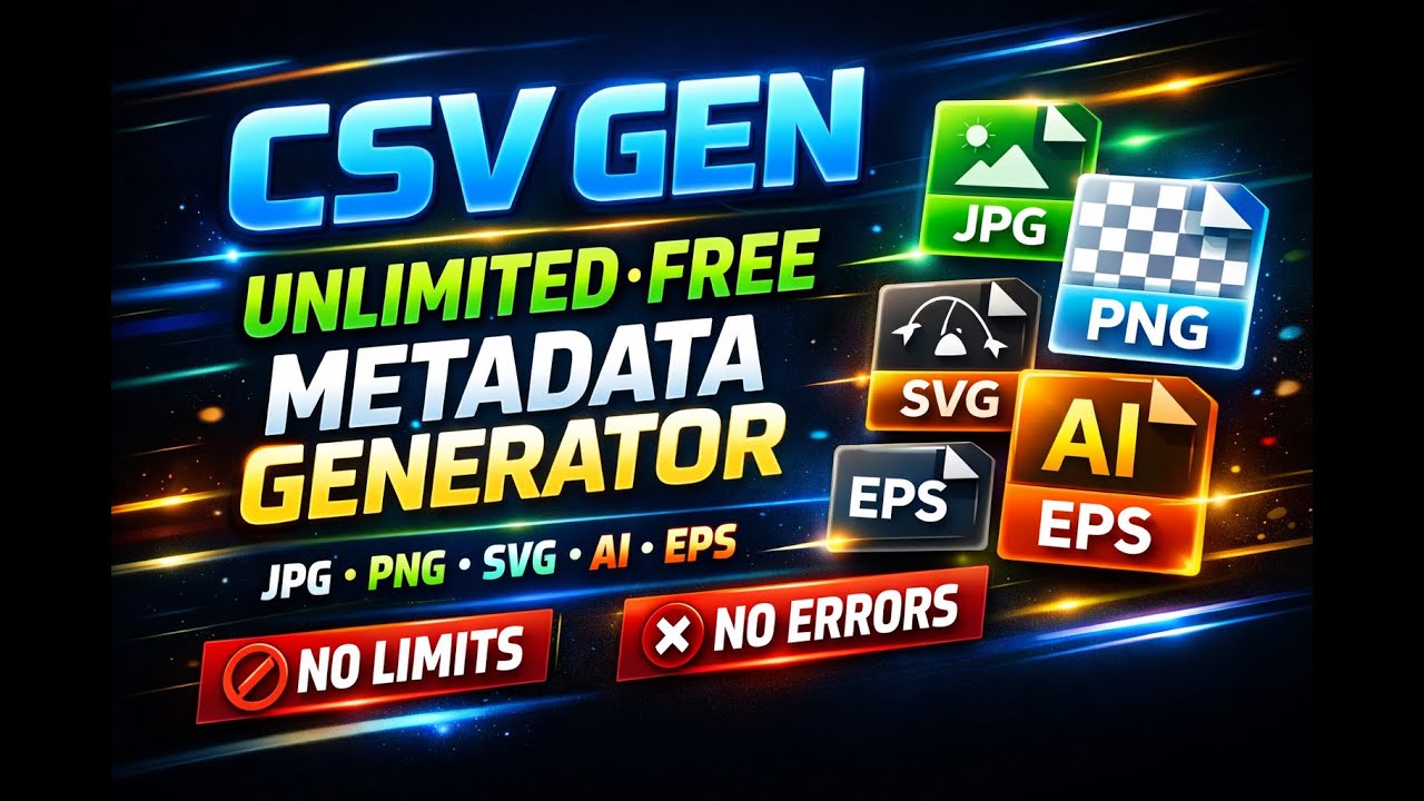 CSV GEN Unlimited FREE Metadata Generator | JPG PNG SVG AI EPS | No Limits No Errors #csvgenerator