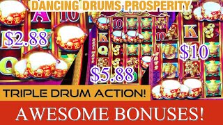 Dancing Drums Slot Machine Awesome Bonuses Big Line Hits & Wins $2.88 $5.88 & $10 Bet MUST WATCH! 😱🤩