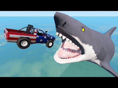 Fast Jumping Cars In The Ocean With Mad Sharks - Beamng Drive