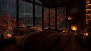 [No Ads] Cozy Autumn Rain by Window | Heavy Rain Autumn & Crackling Fireplace for Deep Sleep