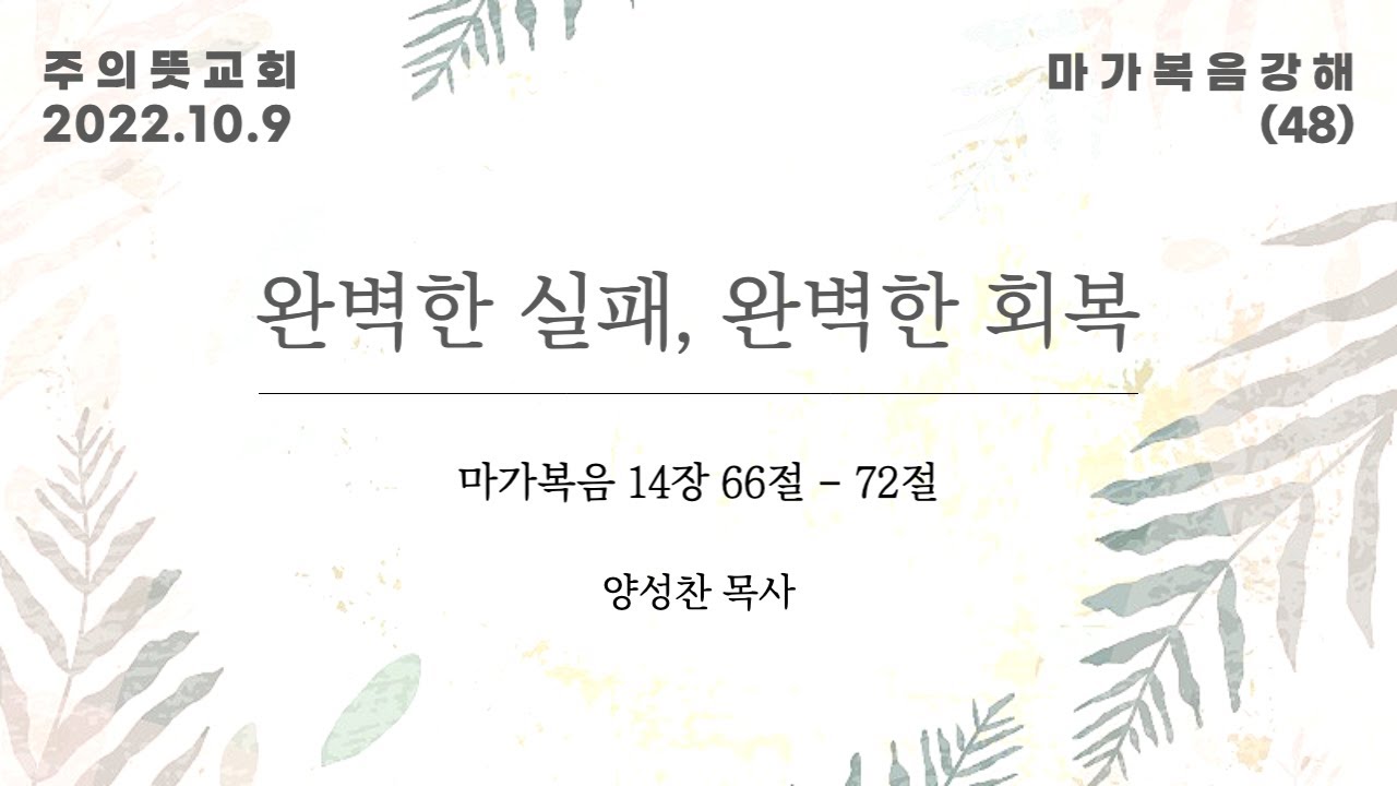 마가복음 강해(48), 마가복음 14장 66-72절, 완벽한 실패, 완벽한 회복, 주의뜻교회 영상 썸네일
