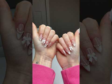 white coquette bow sweater glitter gel-x nail set. #bows #coquette #nailtutorial #gelxnails #sweater