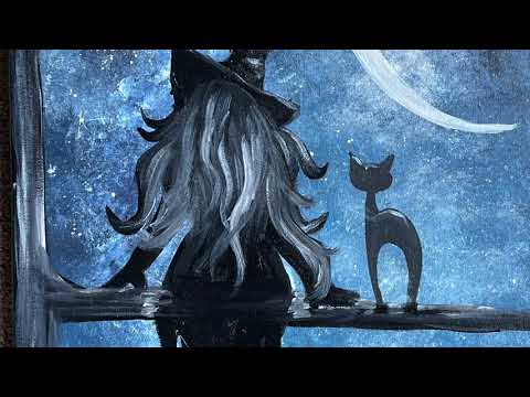 The witch the black cat and the crescent moon… New painting tutorial coming soon