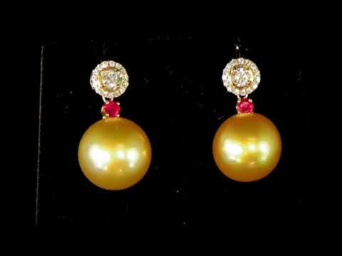 Lady's 18k Yellow Gold Golden South Sea Pearl (Apx. 14.3mm) and Diamond Dangling Earrings