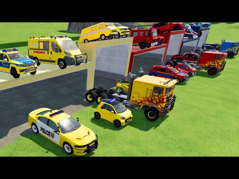 TRANSPORTING CARS, AMBULANCE, POLICE CARS, FIRE TRUCK OF COLORS! WITH TRUCKS! - FS 22