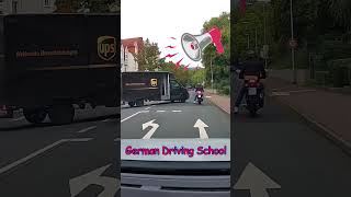 German Driving School - motorcycle student almost crashes into UPS truck, near crash, priority rules