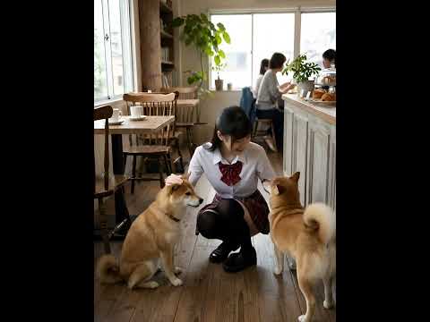 柴犬と遊んでいる制服姿の女の子