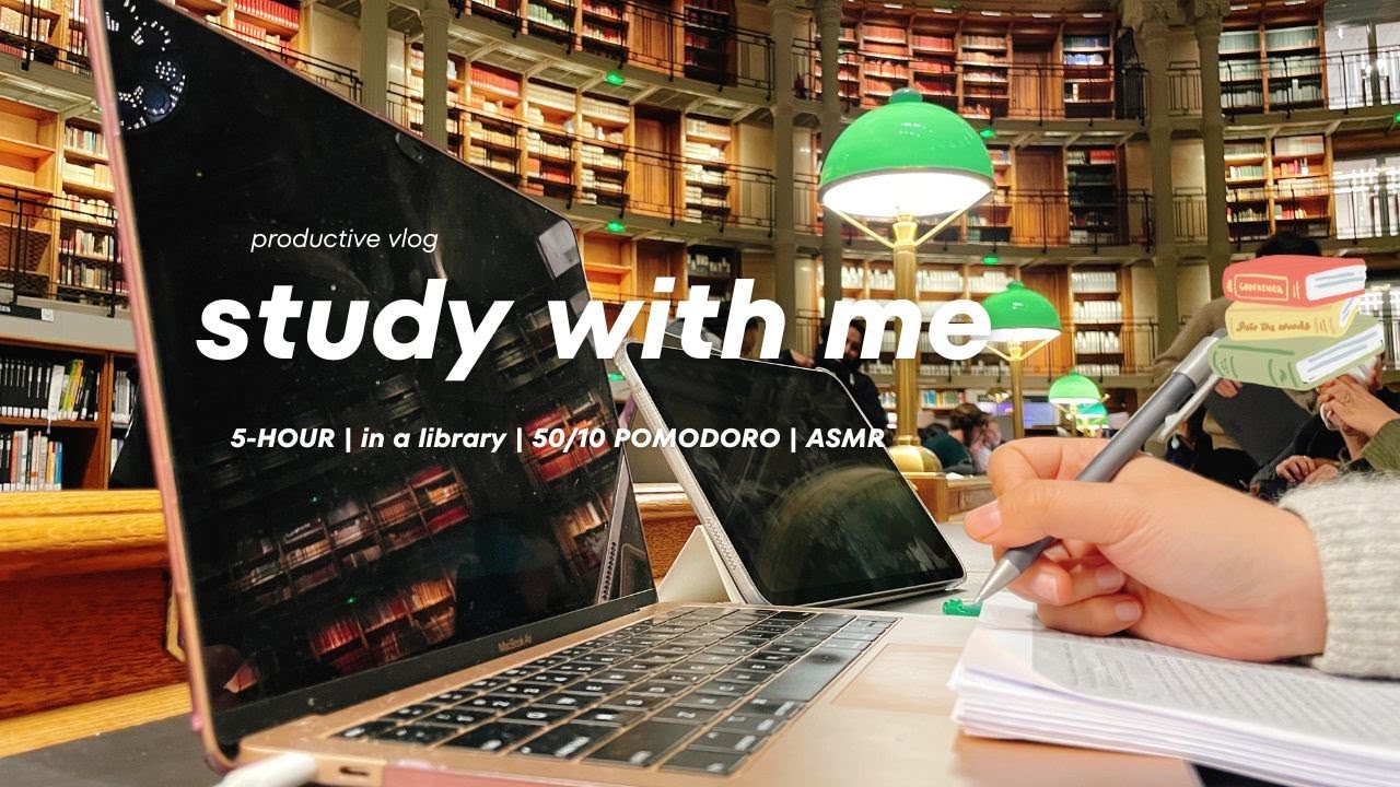 5 HOURS study with me in a library | 50/10 POMODORO, real time | ASMR, library background noise