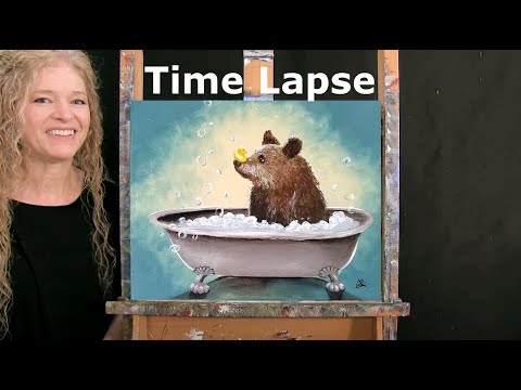 TIME LAPSE - Learn How to Paint "BEAR BUBBLE BATH" with Acrylic - Easy Fun Animal Portrait Painting