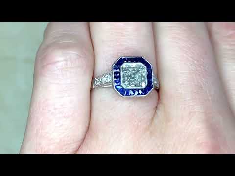 Asscher Cut Diamond & Geometric Natural Sapphire Halo Engagement Ring - Montgomery Ring - Hand Video