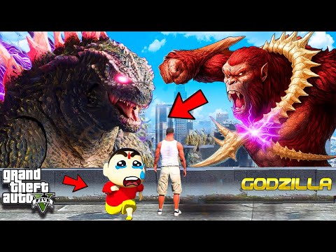 GTA V : Franklin & Shinchan Escaping From Godzilla VS Skar King Attack Epic Fight in GTA 5